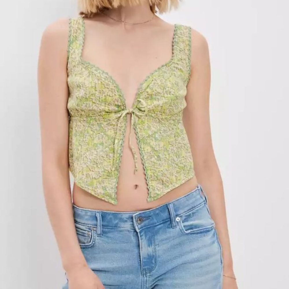 Y2K American Eagle Fairy Linen Crop Top Floral Farm Rio Milkmaid Split Front Med
